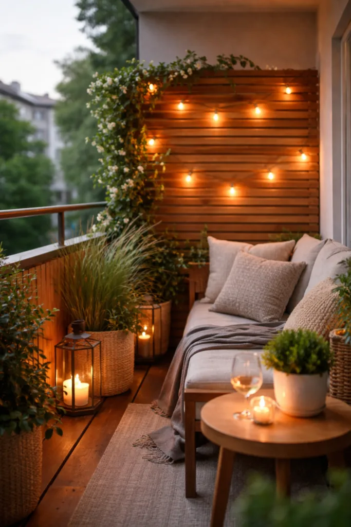 Balkon Sichtschutz mit Holzwand, Pflanzen und Beleuchtung als gemütlicher Rückzugsort gestaltet