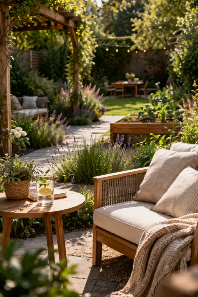 Garten in Räume gestalten mit Sitzbereich, Weg und Pflanzen als natürliche Raumtrenner