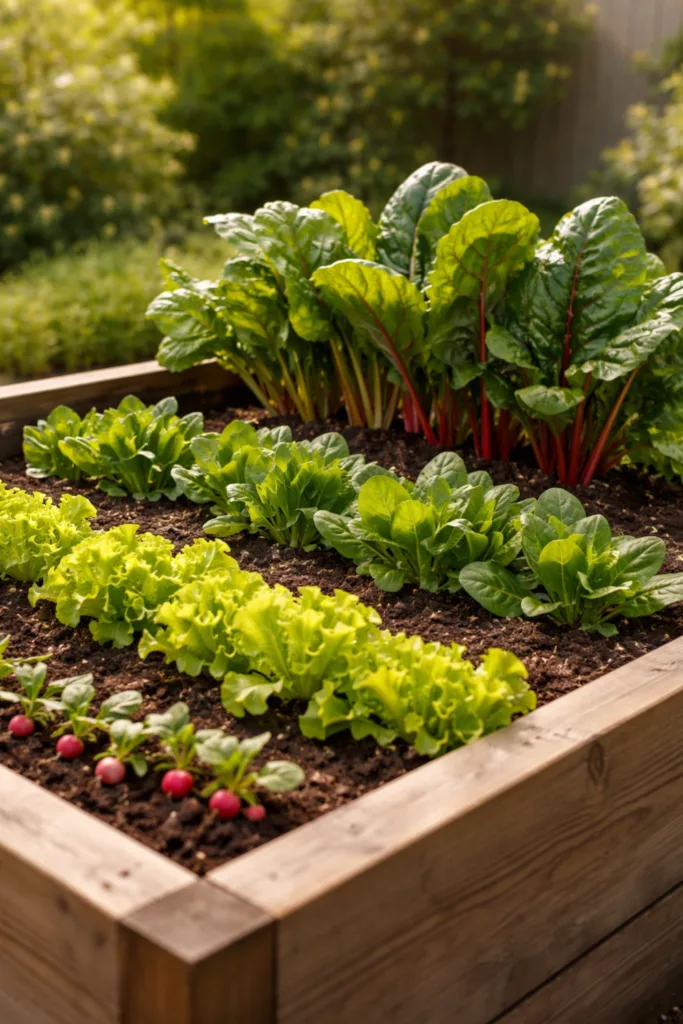 Hochbeet im Frühling: Warum es oft nicht wächst und was hilft Frühlingsbepflanzung im Hochbeet mit strukturierter Anordnung von Salat, Spinat und Mangold im Garten