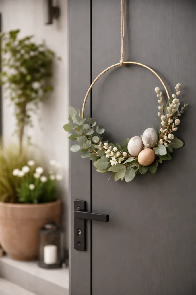 Moderner Osterkranz Hauseingang minimalistisch mit Eukalyptus und Eiern an grauer Tür im Frühling