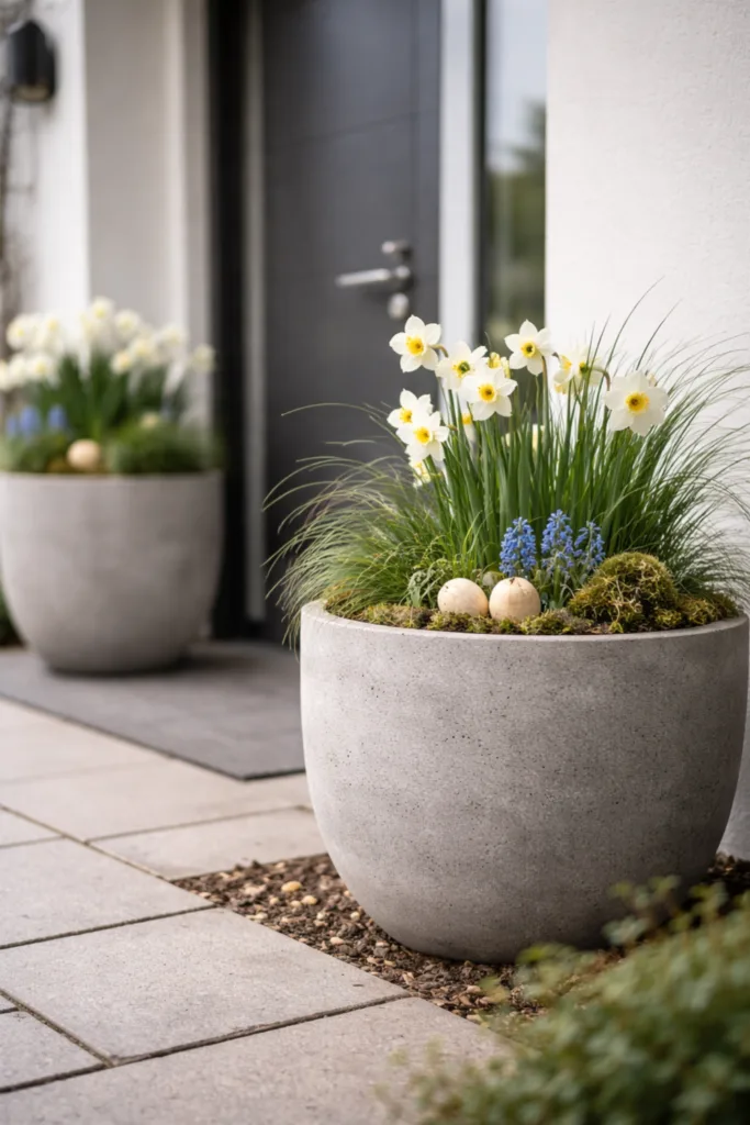 Moderne Osterdeko Hauseingang mit Pflanzkübeln, Narzissen und minimalistischer Gartengestaltung