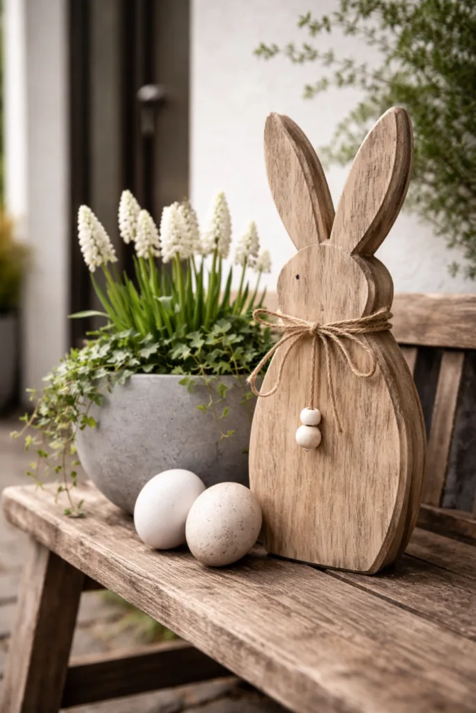 Moderne Osterdeko Hauseingang mit Holzhasen, Keramik-Eiern und Pflanzkübel im Garten