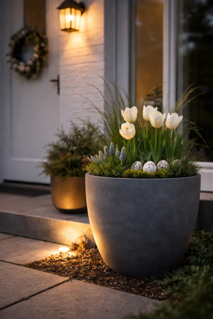 Osterdeko Hauseingang modern mit beleuchtetem Pflanzkübel und Frühlingsblumen im Eingangsbereich