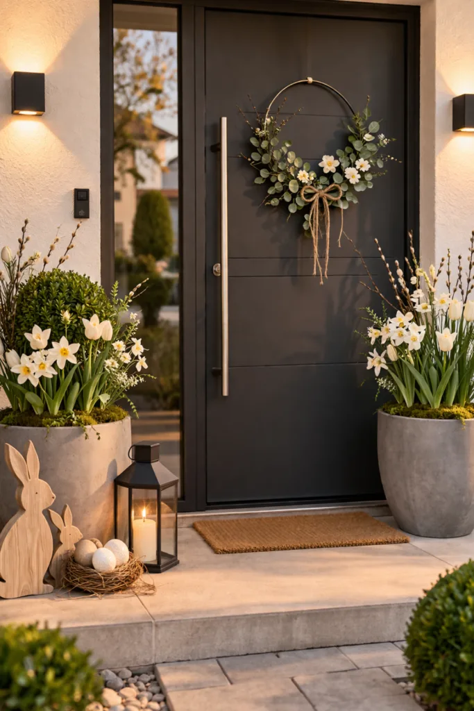 Moderner Hauseingang mit Osterdeko, symmetrische Pflanzkübel, Türkranz, klare Linien und natürliche Materialien