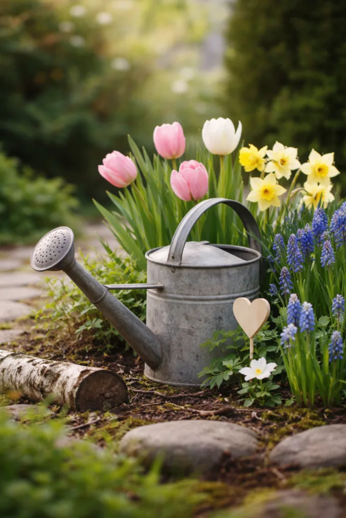 Gartendeko im April mit Frühjahrsbeet, Tulpen, Narzissen und dekorativer Gießkanne im Garten
