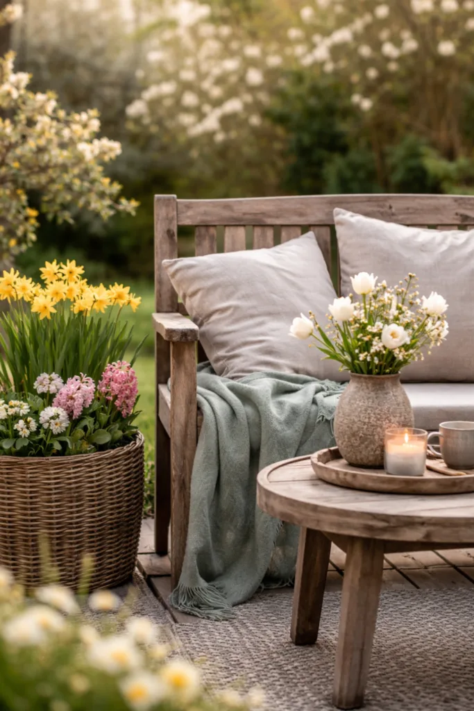 Sitzplatz im Garten mit Frühlingsakzenten, Holzbank, Kissen und Frühlingsblumen im April dekoriert