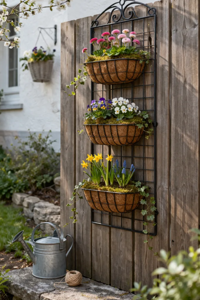 Gartendeko im April mit vertikalen Pflanzkörben an Holzzaun und Frühblühern im Garten
