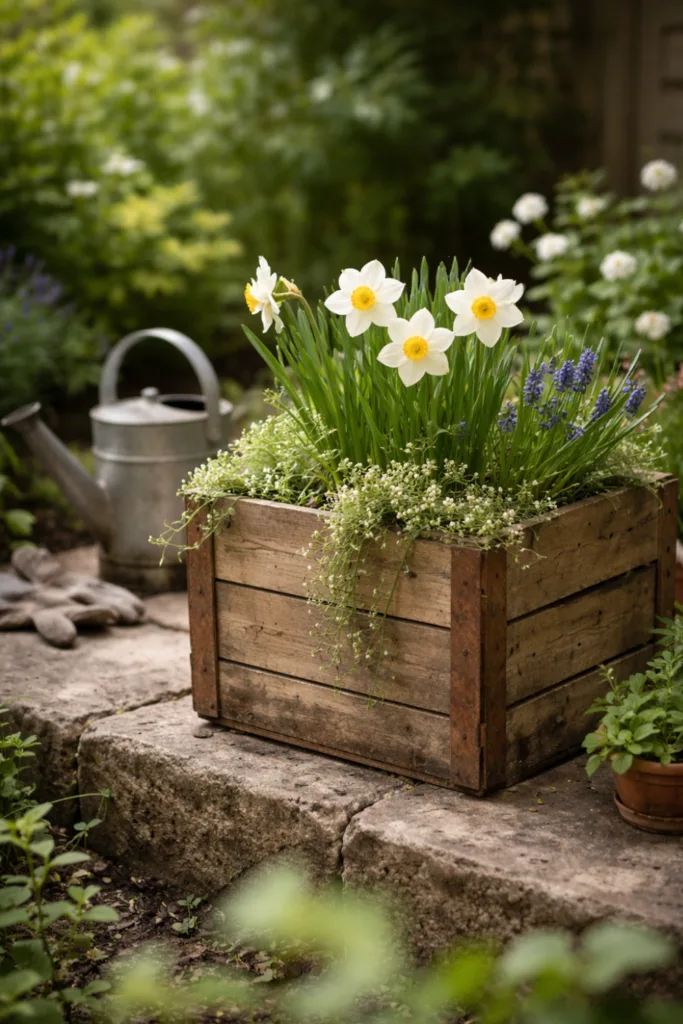 Gartendeko im April mit Holzkiste, Frühblühern und natürlichen Materialien im Gartenstil