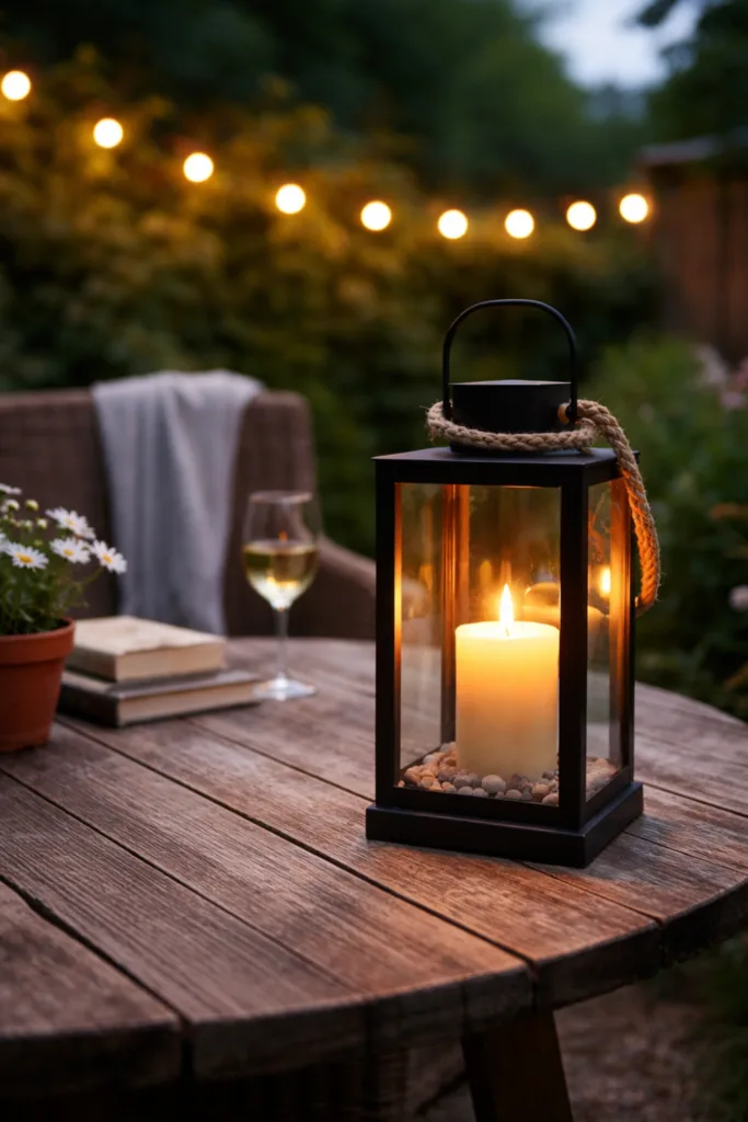 Gartendeko im April mit Laterne und warmem Licht auf Holztisch im Garten bei Abendstimmung