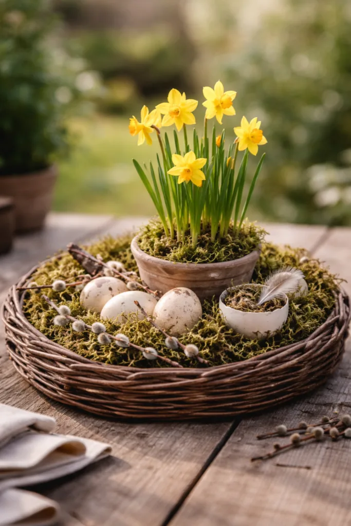 Osternest Deko aus Naturmaterialien mit Moos, Eiern und Narzissen im Garten dekoriert