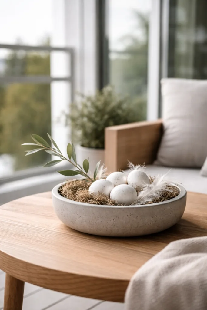 Minimalistisches Osternest auf Balkon mit Beton-Schale, Eiern und Zweig in modernem Stil