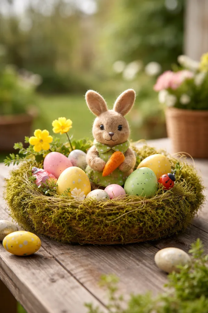 Verspieltes Osternest Deko mit Hase, bunten Eiern und Moos für Familien im Garten dekoriert