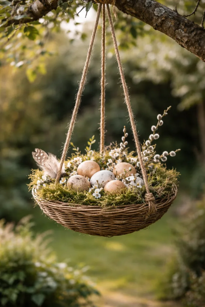 Hängendes Osternest im Garten mit Moos, Eiern und Zweigen als Frühlingsdeko draußen