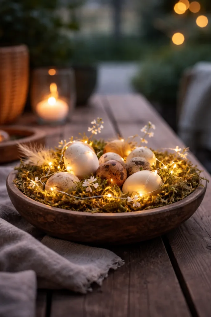 Beleuchtetes Osternest Deko mit Moos, Eiern und Lichterkette im Garten am Abend