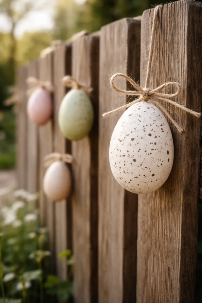 Osterdeko für den Gartenzaun: 5 schöne Ideen zum Nachmachen Osterdeko Gartenzaun mit hängenden Ostereiern in ruhiger Anordnung aus Holz und Pastellfarben im Frühling