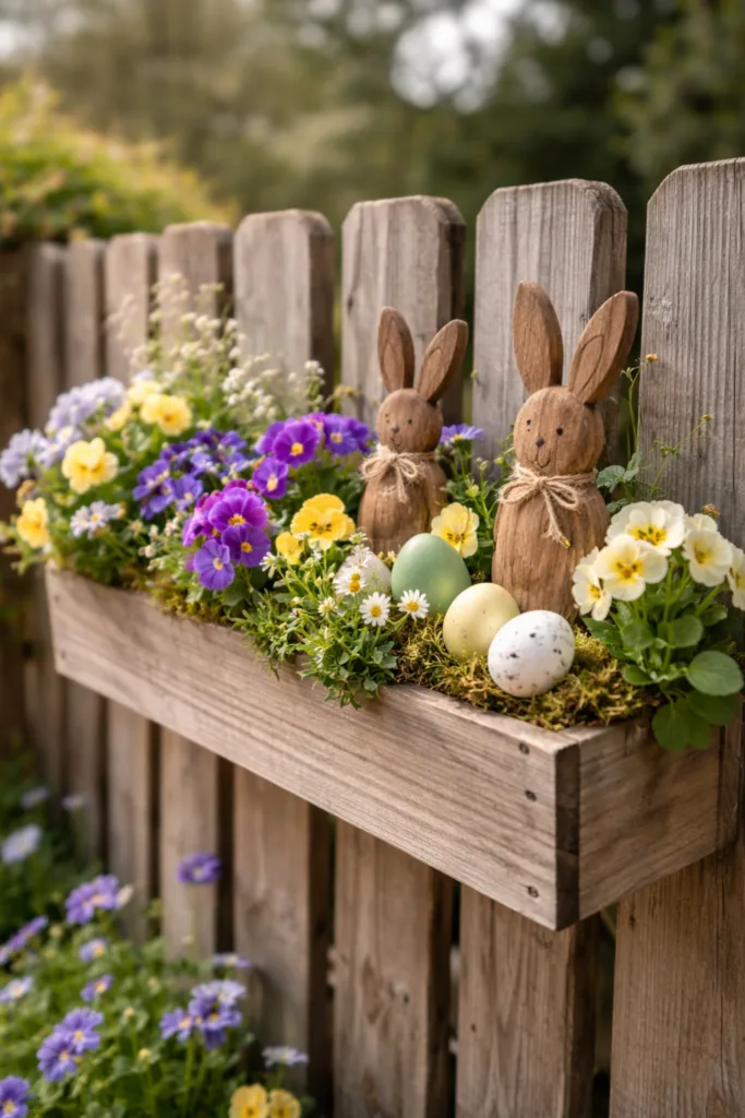 Osterdeko für den Gartenzaun: 5 schöne Ideen zum Nachmachen Blumenkästen am Gartenzaun mit Osterdeko und Frühlingsblumen wie Primeln und Hornveilchen dekoriert