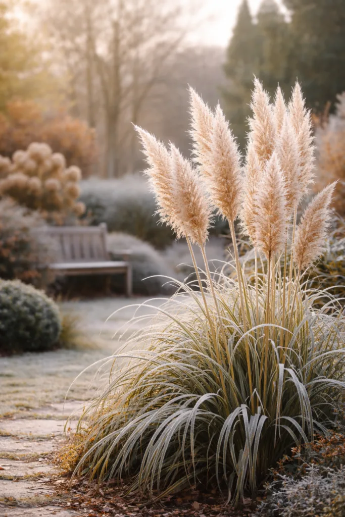 Ganzjährig gestalteter Garten mit Ziergras im Winter, Strukturpflanzen und Froststimmung