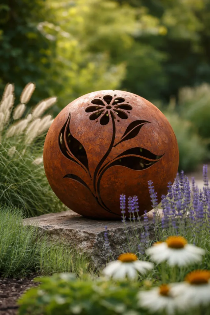 Gartendeko mit Rost, rostige Skulptur im Beet mit Gräsern und Lavendel als Blickfang im Garten