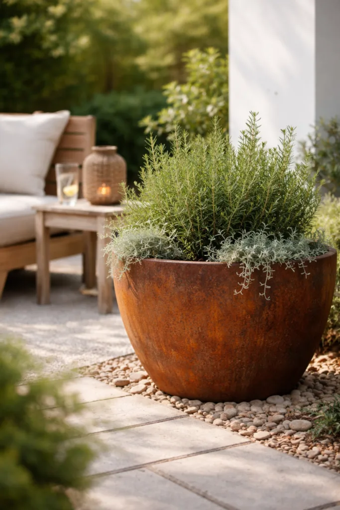 Gartendeko mit Rost: großes rostiges Pflanzgefäß mit Kräutern auf Terrasse im natürlichen Übergang zum Garten