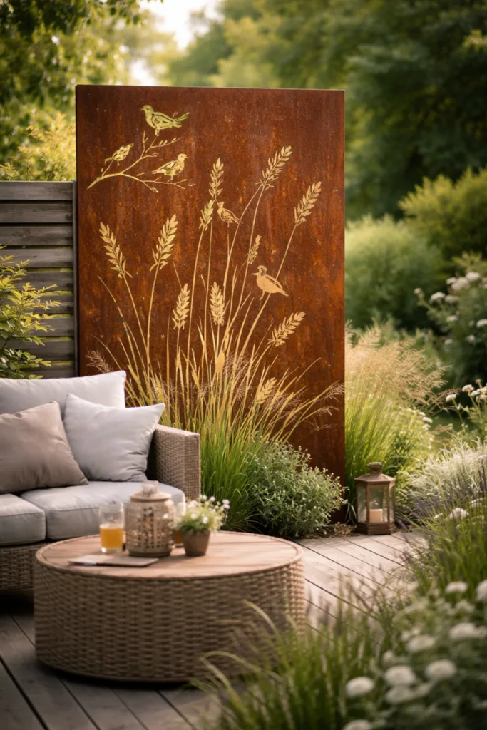 Gartendeko mit Rost Sichtschutz aus Cortenstahl im modernen Garten mit Sitzbereich
