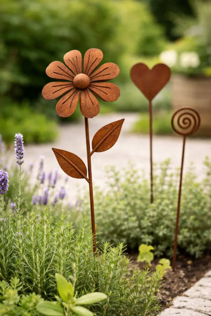Gartendeko mit Rost Gartenstecker im Beet mit Kräutern und natürlicher Bepflanzung