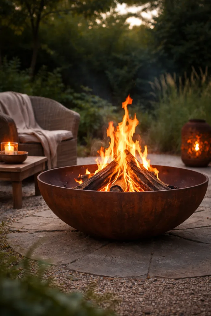 Gartendeko mit Rost: Feuerstelle aus Cortenstahl sorgt für warmes Licht im Garten abends