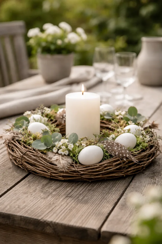 Osterdeko für den Gartentisch mit natürlichem Osterkranz, Eiern und Kerze auf Holztisch im Garten