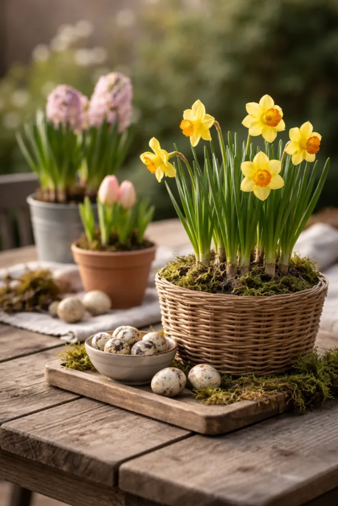 Osterdeko für den Gartentisch mit Narzissen im Topf, natürliche Frühlingsdeko draußen