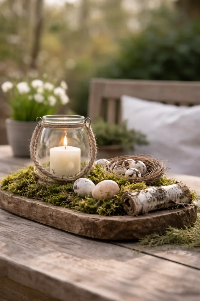 Osterdeko für den Gartentisch mit Holzbrett, Moos, Eiern und Kerze im natürlichen Stil