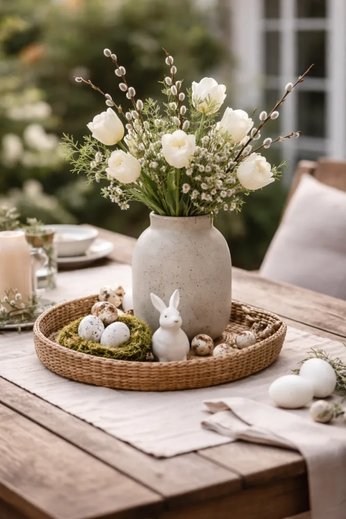 Osterdeko für den Gartentisch mit neutralen Farben, Vase und Frühlingsblumen im natürlichen Stil