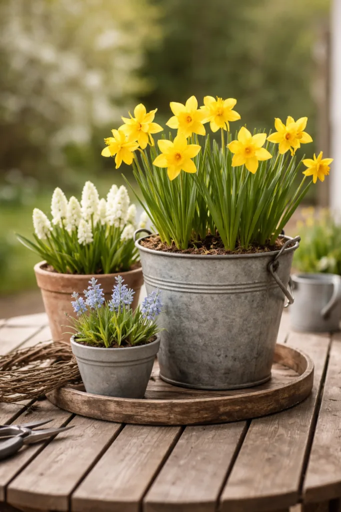Frühblüher in Gefäßen arrangiert mit Narzissen und Hyazinthen auf Holztisch im Frühlingsgarten