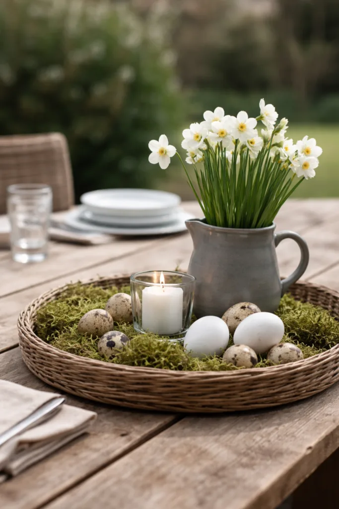 Osterdeko Gartentisch mit Tablett, Blumen, Eiern und Kerze funktional gestaltet