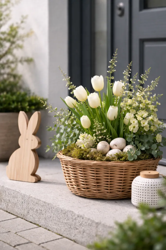 Moderne Osterdeko Haustür mit reduziertem Farbkonzept in Weiß, Grün und Holzoptik