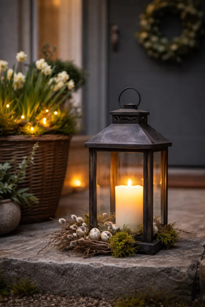 Moderne Osterdeko Haustür mit Laterne, Kerze und warmem Licht im Eingangsbereich im Frühling