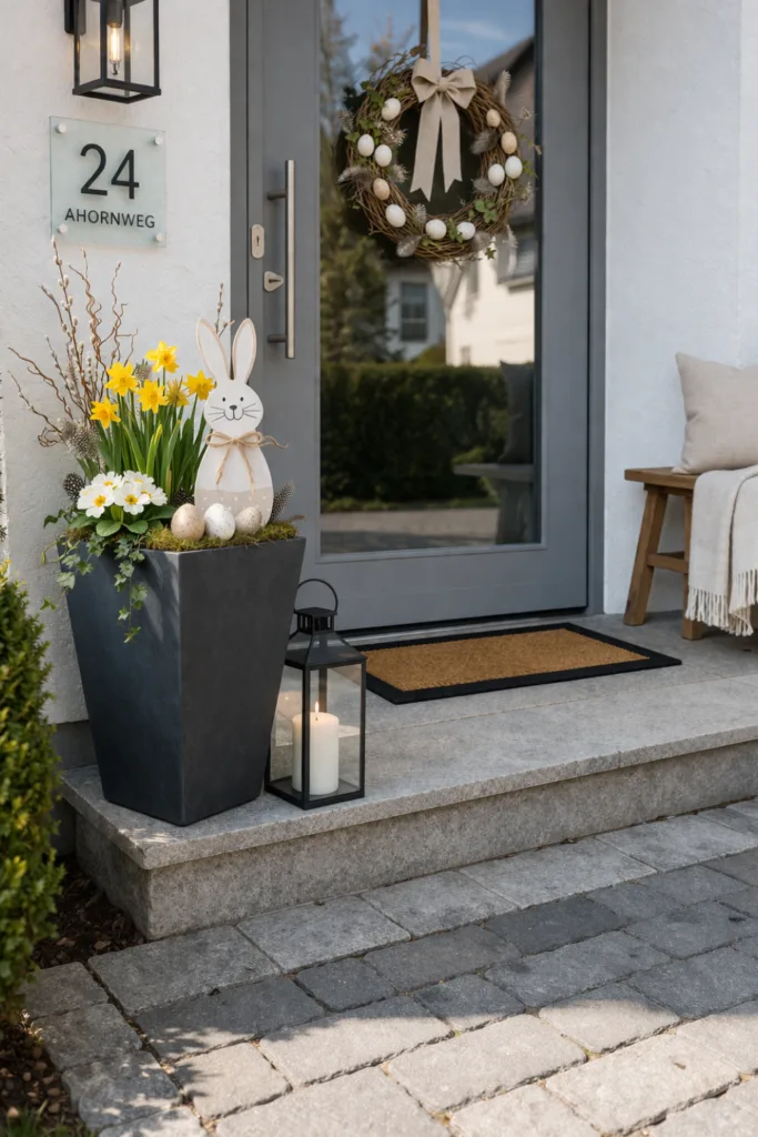 Osterdeko im Hof mit dekoriertem Eingangsbereich, Pflanzkübeln und Frühblühern neben Haustür