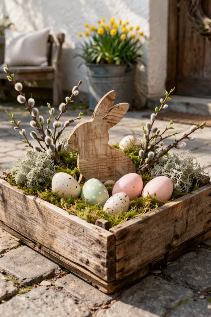 Osterdeko im Hof mit Holzkiste, Moos, Zweigen und Hasenfigur in natürlicher Frühlingsgestaltung