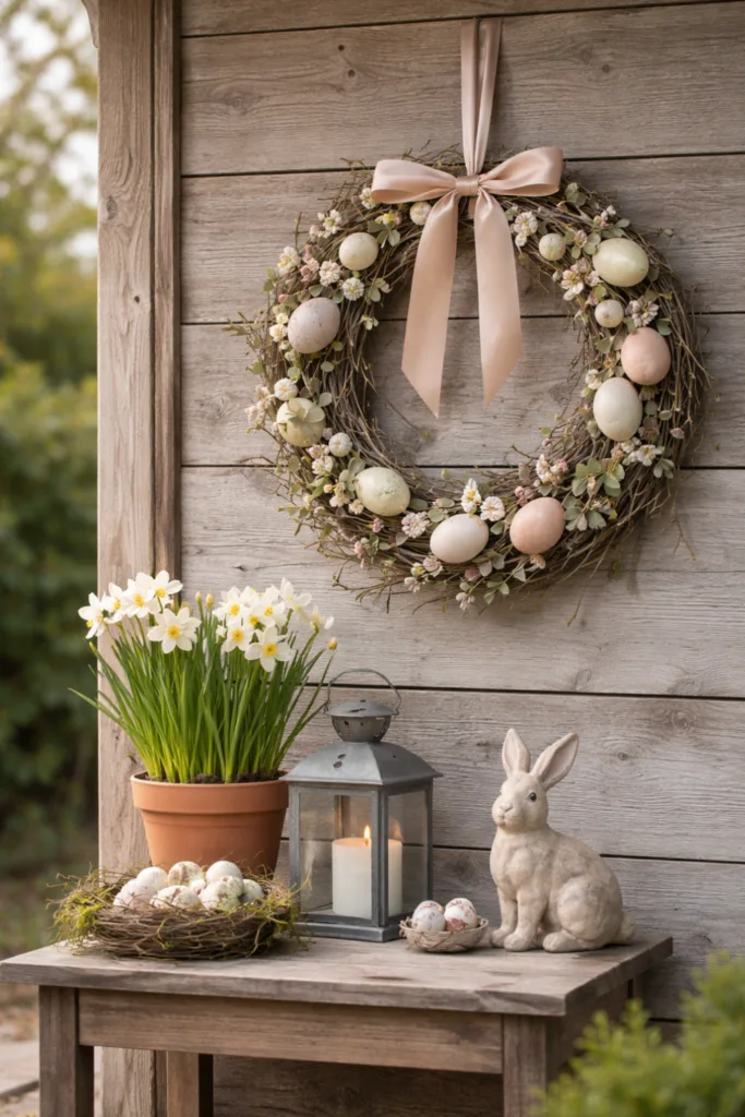 Osterdeko im Hof an Holzwand mit Kranz, Frühlingsblumen und Osterakzenten an Mauern