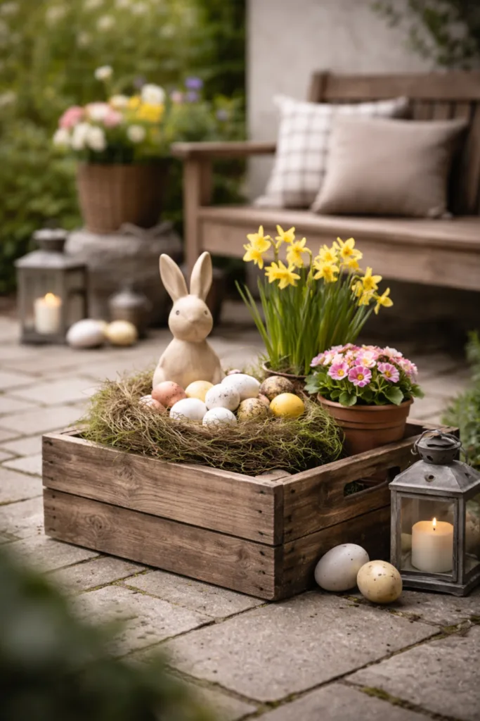 Osterdeko im Hof als Osterinsel mit Holzbox, Eiern und Frühblühern im Fokus auf Pflasterfläche