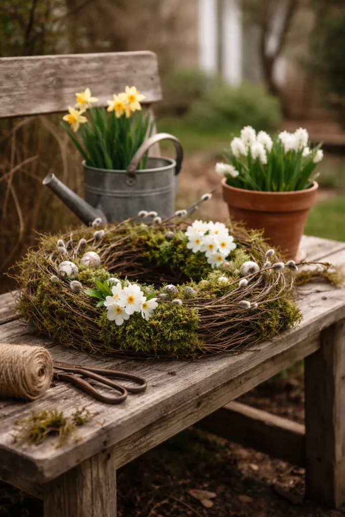 Frühlingshafte Gartendeko mit Naturmaterialien, Mooskranz, Holzbank und Frühblühern im März und April
