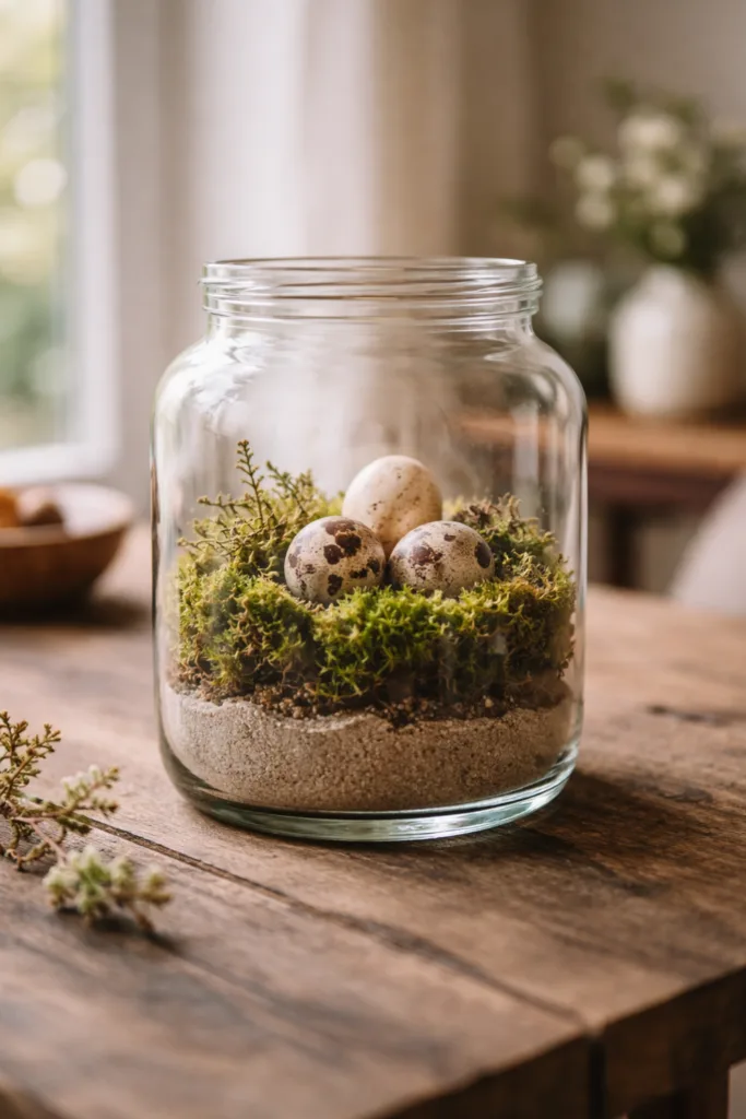 Osterdeko im Glas mit Moos, Sand und Eiern natürlich geschichtet dekoriert