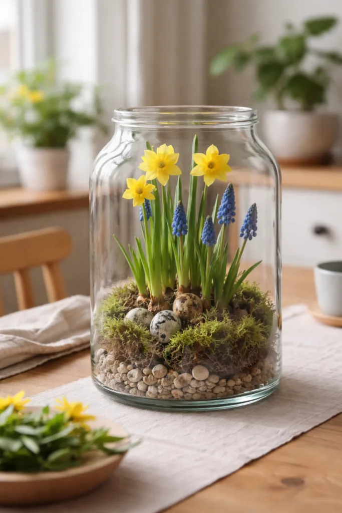 Osterdeko im Glas mit Narzissen und Traubenhyazinthen, natürliche Frühlingsdeko im Einmachglas