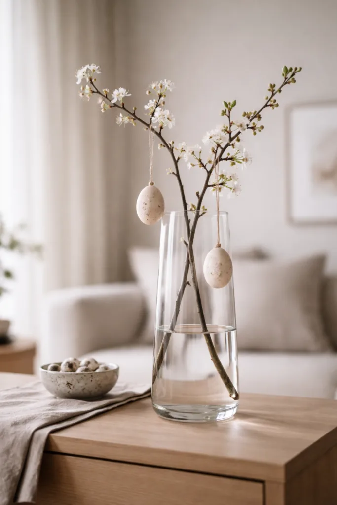 Minimalistische Osterdeko im Glas mit Zweig und hängenden Eiern auf Sideboard im natürlichen Licht
