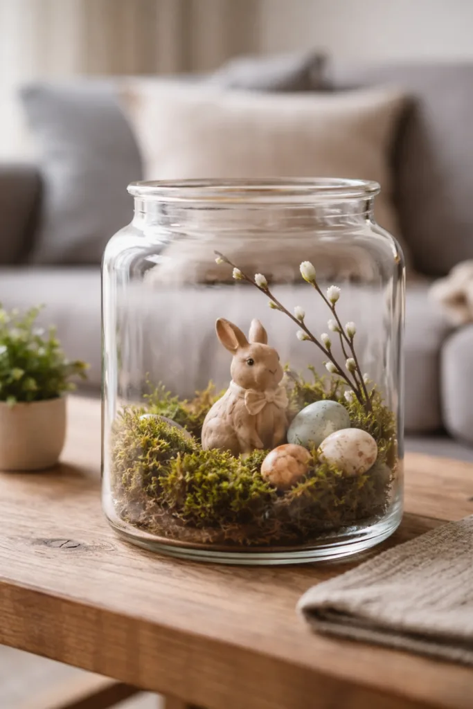 Osterdeko im Glas mit Hase, Moos und Eiern als verspielte Szene für Frühling und Ostern