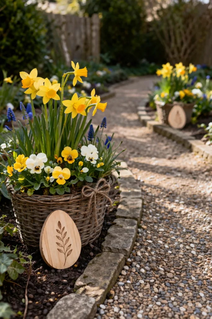 Osterdeko Gartenwege mit bepflanzten Wegrändern, Narzissen im Korb und Holz-Ei am Kiesweg im Frühling