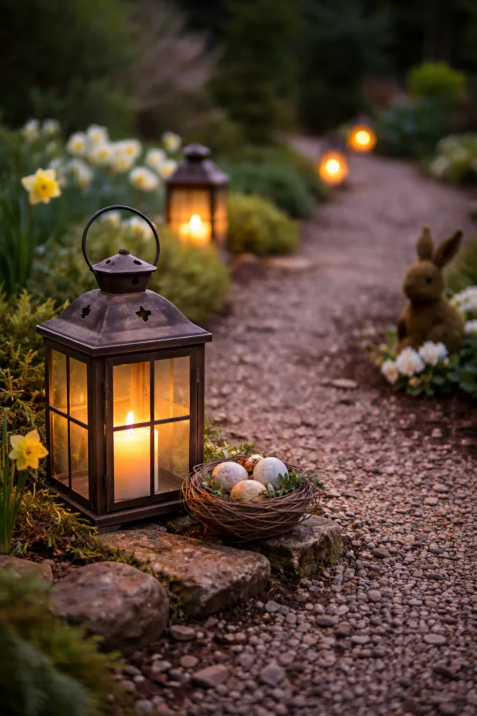 Osterdeko für Gartenwege mit Laternen, warmem Licht und dekorativen Osterelementen entlang eines Kieswegs