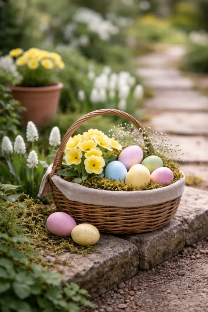 Osterdeko Gartenweg mit bunten Eiern, Blumen und natürlicher Farbgestaltung entlang eines Gartenwegs