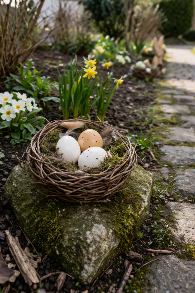 Osterdeko für Gartenwege mit Nest aus Naturmaterialien am Wegrand dekoriert