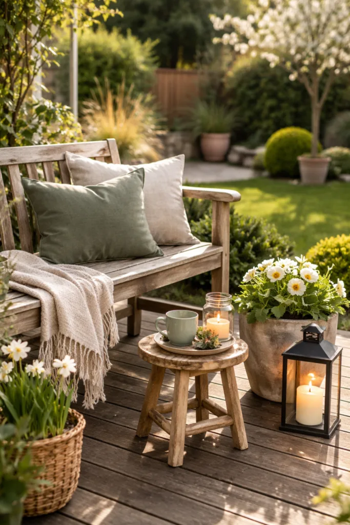 Frühlingshafte Garten Deko im Sitzbereich mit Bank, Kissen und Frühblühern im März April