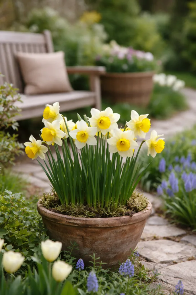 Gartendeko im April mit Frühblühern im Topf, Narzissen als Blickfang im Gartenbereich