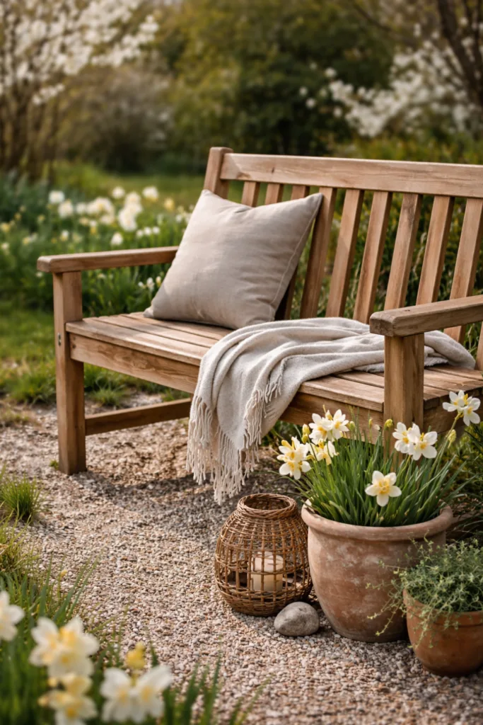 Gartendeko im April mit Holzbank, Keramiktopf und Frühblühern im natürlichen Gartenstil